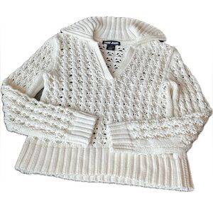 ***DKNY White Knit Pointelle Stitching Polo CollarSweater